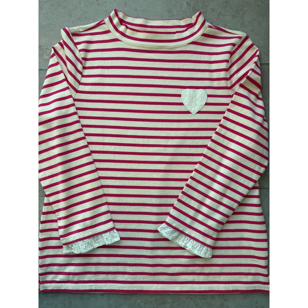 Talbots Pink Cream Striped‎ Mock Neck Valentine's Top Heart Patch Eyelet Trim LP - Picture 5 of 12